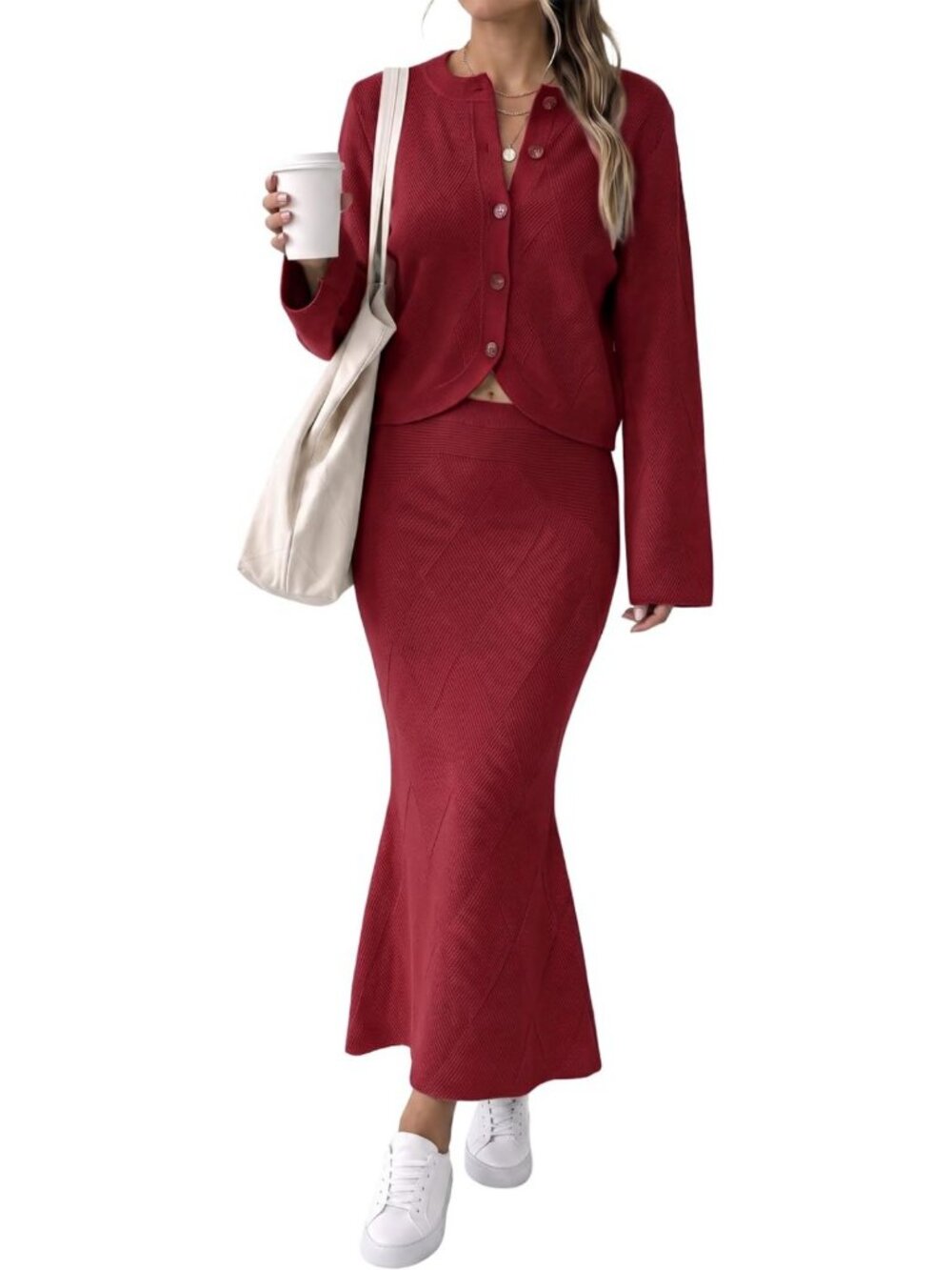 Cozy Women's 2-Piece Argyle Sweater & Skirt Set | Knit Cardigan Outfit